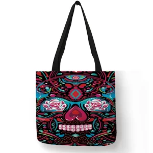 Day of the Dead Floral Skull Print Tote Bag Handbags for Women Halloween Sugar Skull Girl Shopping Bags Large Capacity B01104