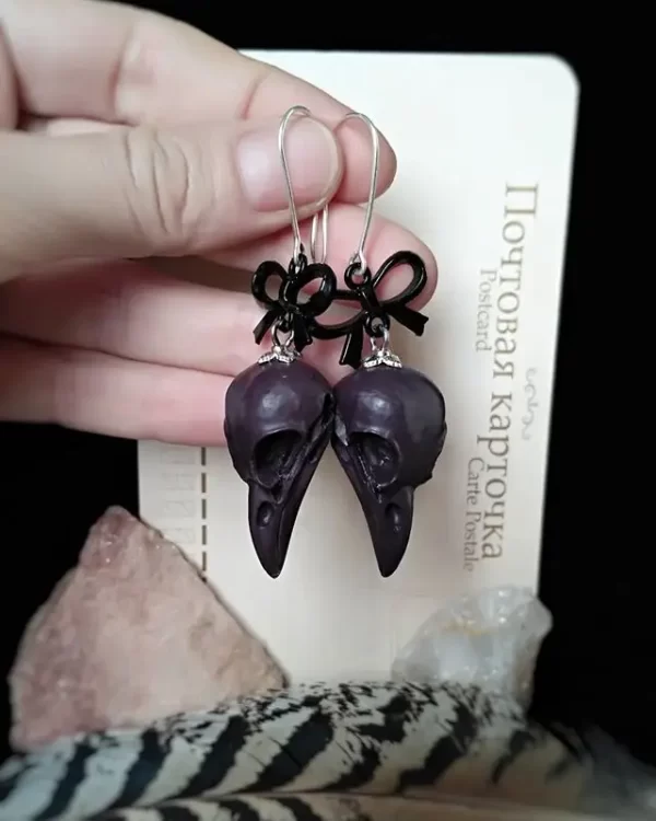 Raven Skull Earrings, Faux Taxidermy,Pagan Witch Goth Skull Jewelry,Gothic Victorian,Steampunk Jewelry,Animal Skull Gift for Her