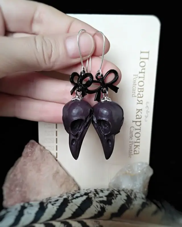 Raven Skull Earrings, Faux Taxidermy,Pagan Witch Goth Skull Jewelry,Gothic Victorian,Steampunk Jewelry,Animal Skull Gift for Her - Image 2